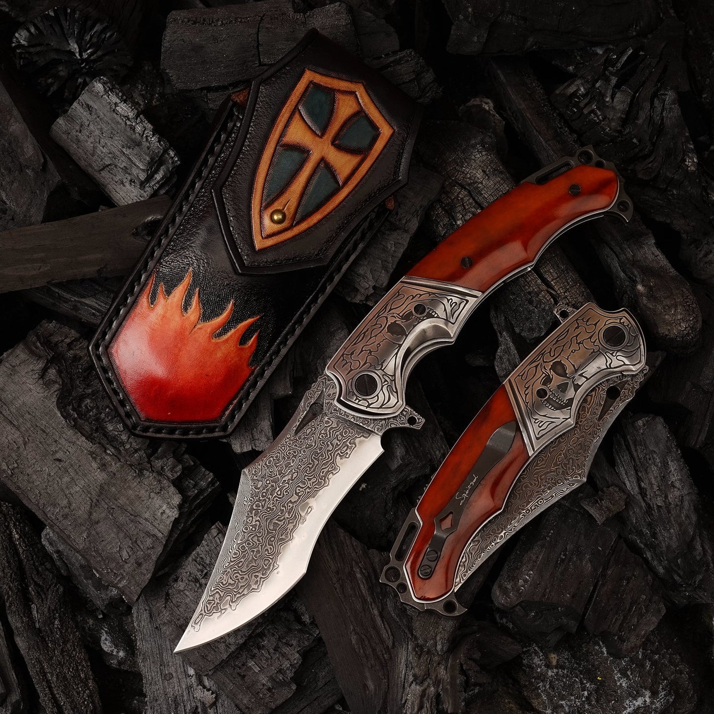 SPIRIT DEED 4.13 Inch Japanese Pocket Folding Knives,67 Layers Forged Pattern Damascus Steel ,Dyed Bone handle