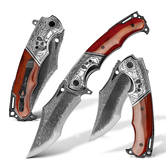 SPIRIT DEED 4.13 Inch Japanese Pocket Folding Knives,67 Layers Forged Pattern Damascus Steel ,Dyed Bone handle