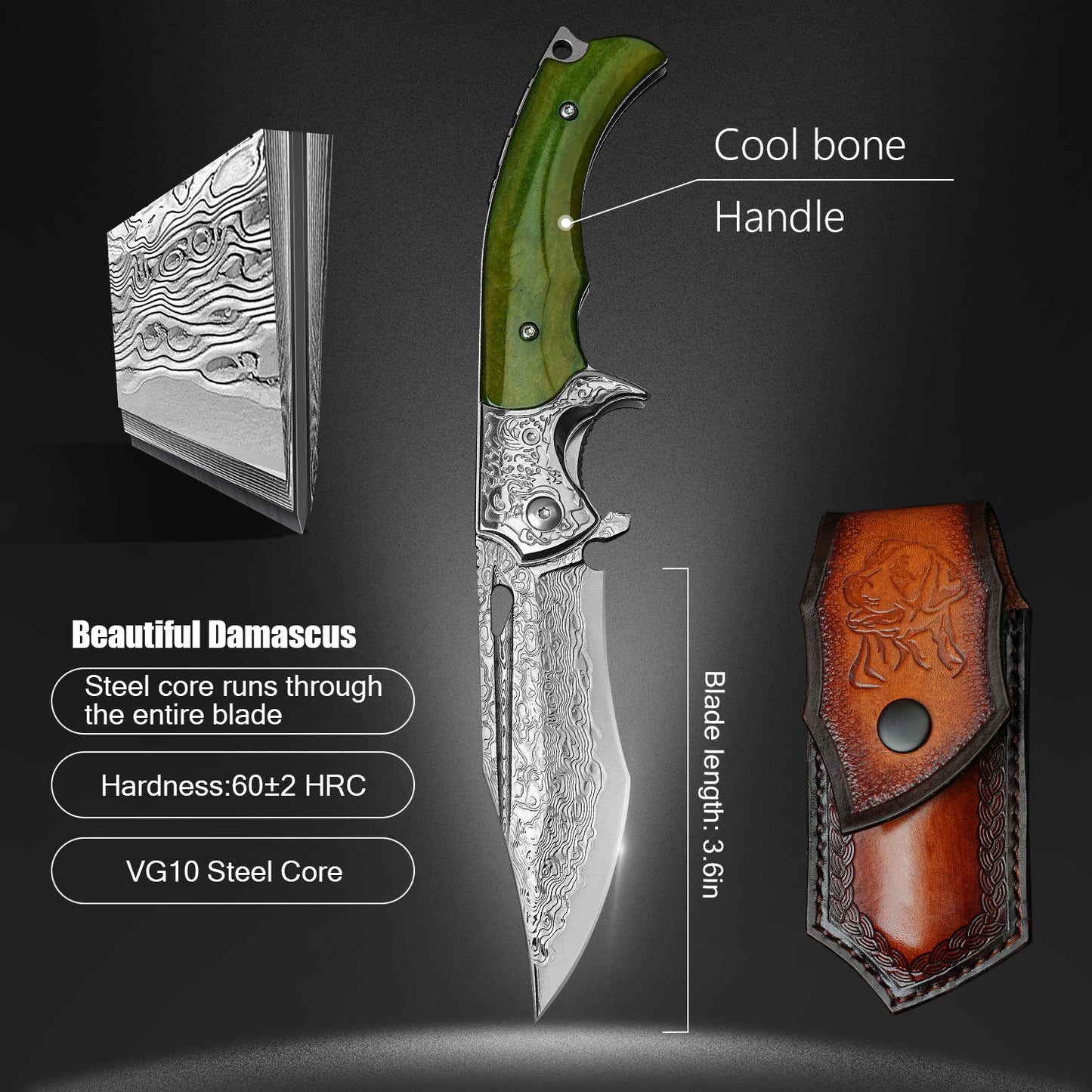 SPIRIT DEED 3.62 Inch Portable Folding Pocket Knife, Damascus Steel 67 Layers, Dyed Cow Bone Handle, Clip