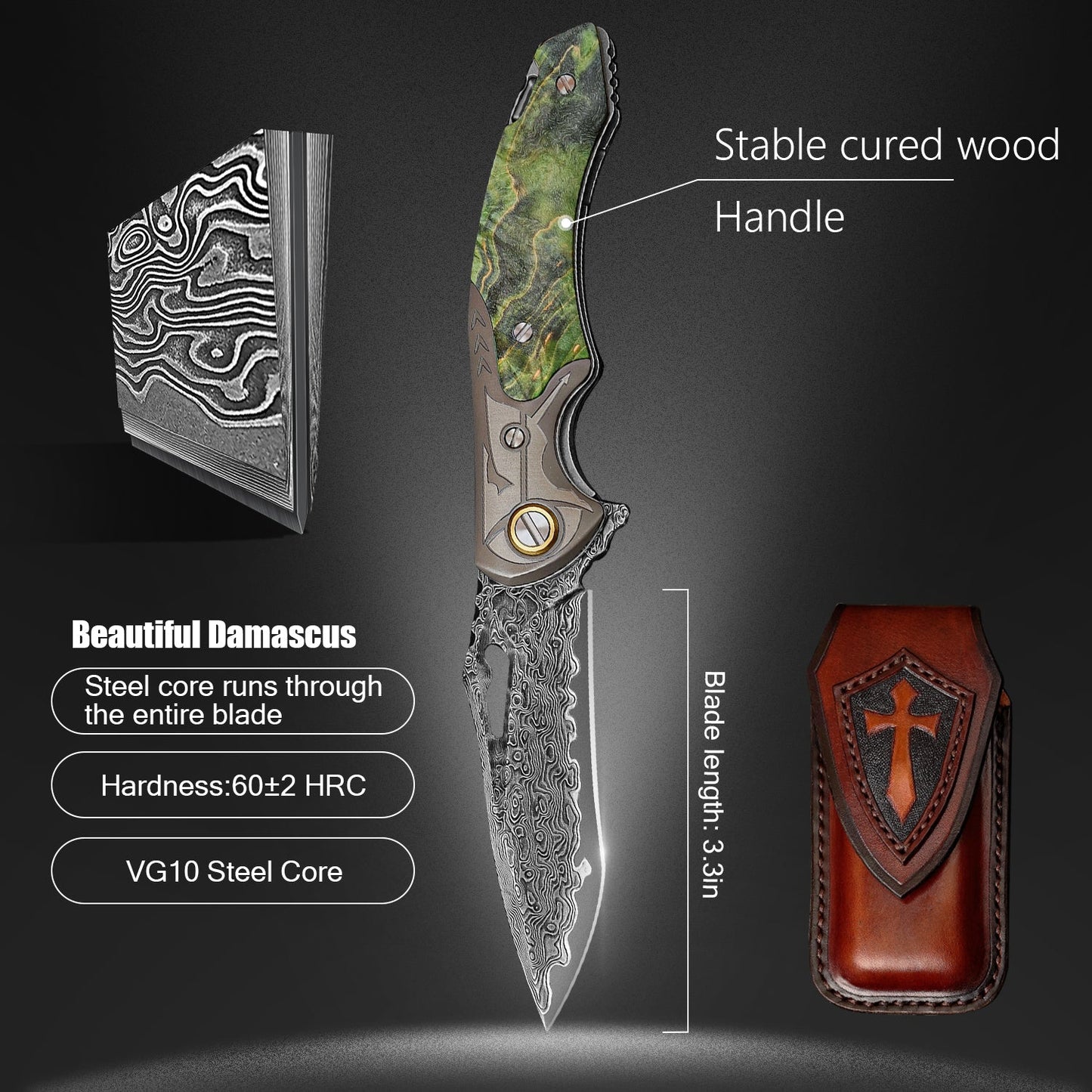 SPIRIT DEED 3.35 Inch Folding Pocket Knife,Damascus Steel Blade,American Desert Ironwood Handle