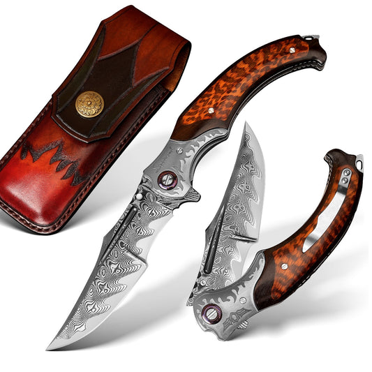 SPIRIT DEED 4.65 Inch Folding Blades Pocket Knife,67 Layer Damascus steel +VG10 Core,Ebony +Snakewood Handle