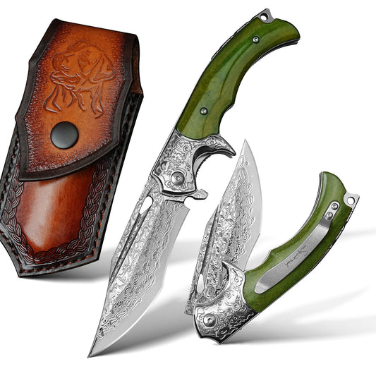 SPIRIT DEED 3.62 Inch Portable Folding Pocket Knife, Damascus Steel 67 Layers, Dyed Cow Bone Handle, Clip