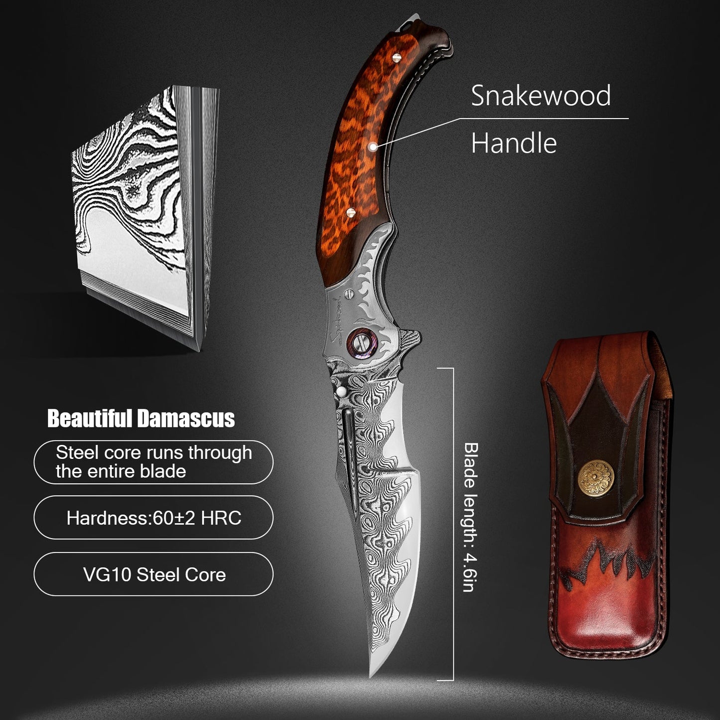 SPIRIT DEED 4.65 Inch Folding Blades Pocket Knife,67 Layer Damascus steel +VG10 Core,Ebony +Snakewood Handle