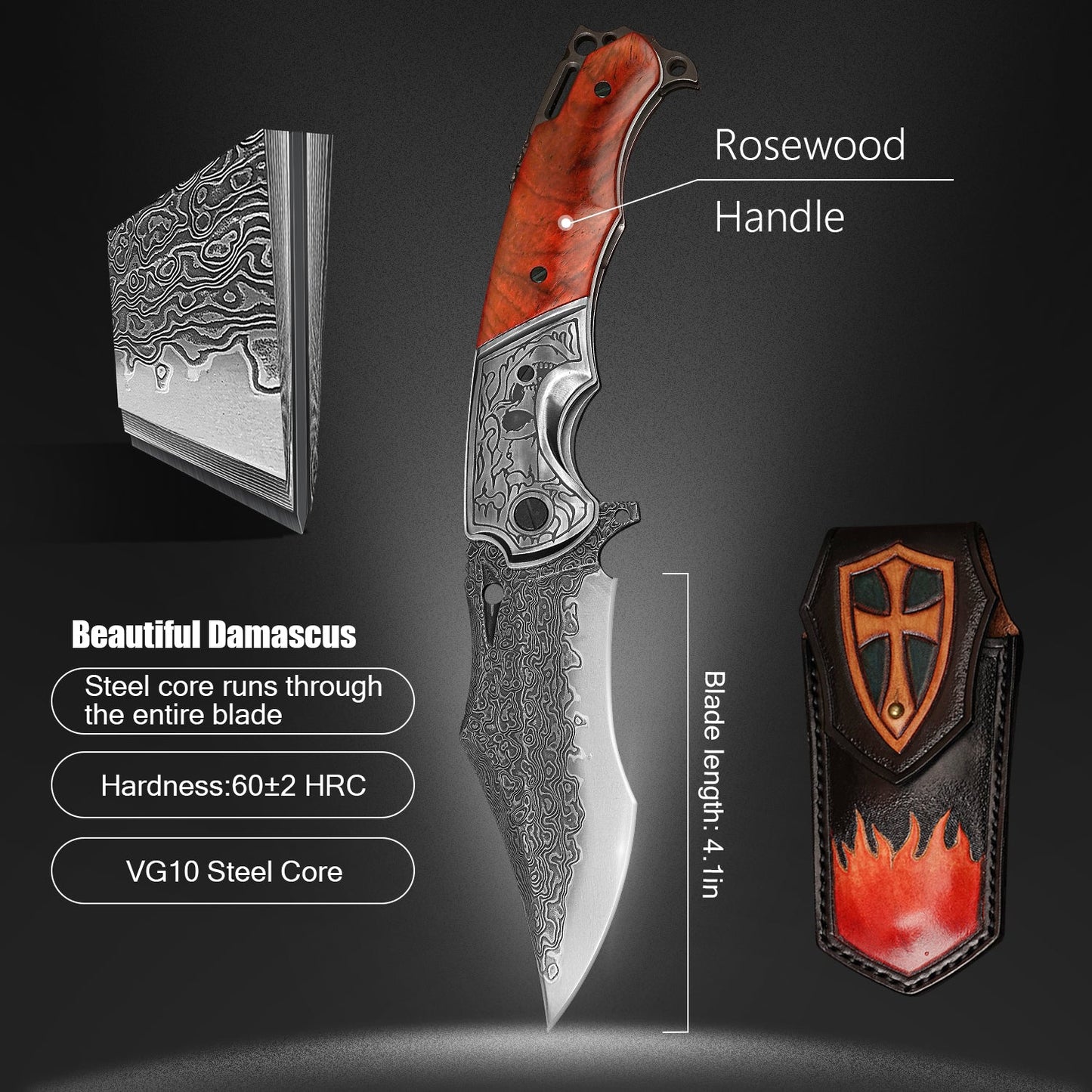 SPIRIT DEED 4.13 Inch Japanese Pocket Folding Knives,67 Layers Damascus Steel, Rosewood Handle