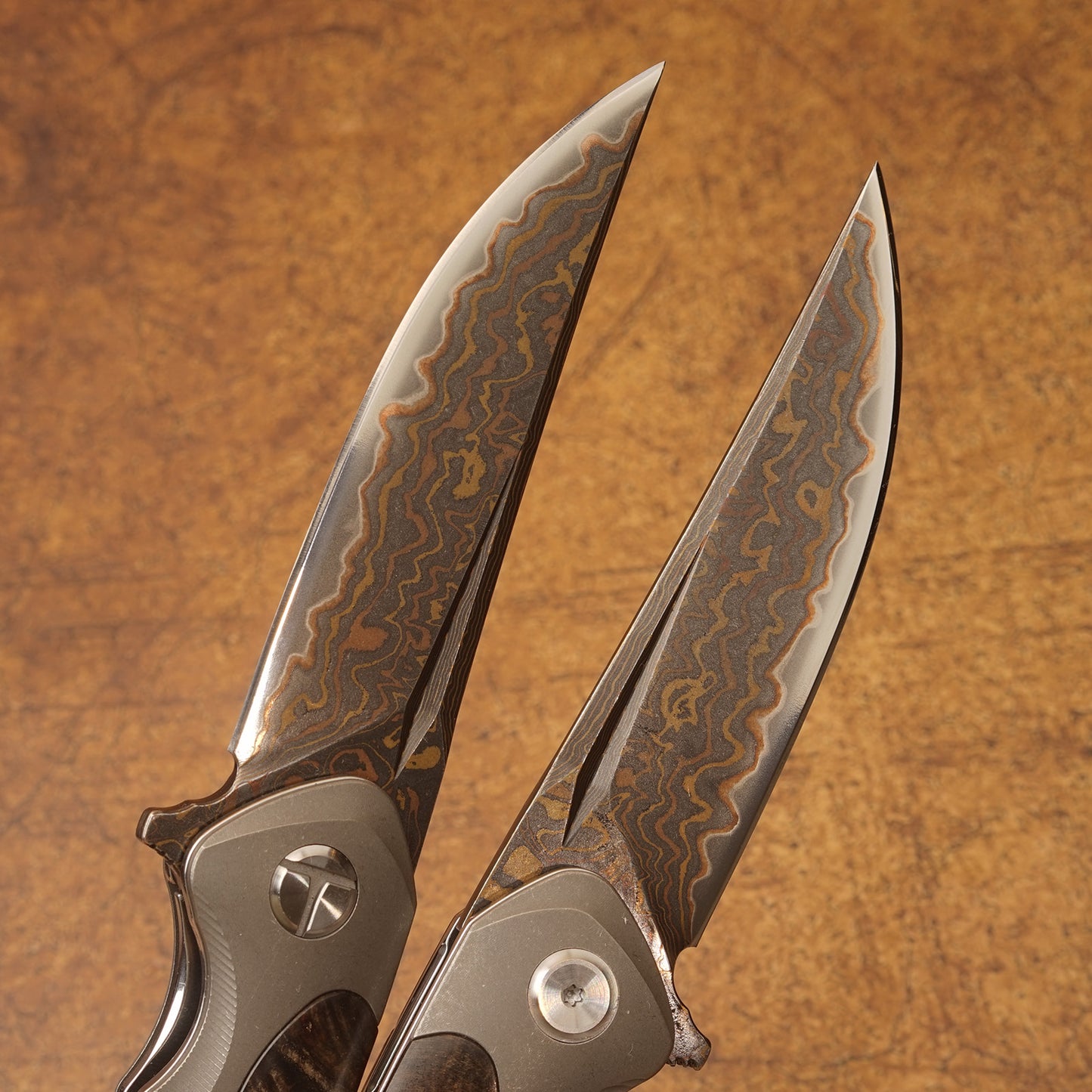 Spirit deed Damascus Steel Folding Knife with Leather Sheath Golden Lizard Series VG10 Core TC4 Titanium, Wood & Shell Handle – EDC Gift for Men