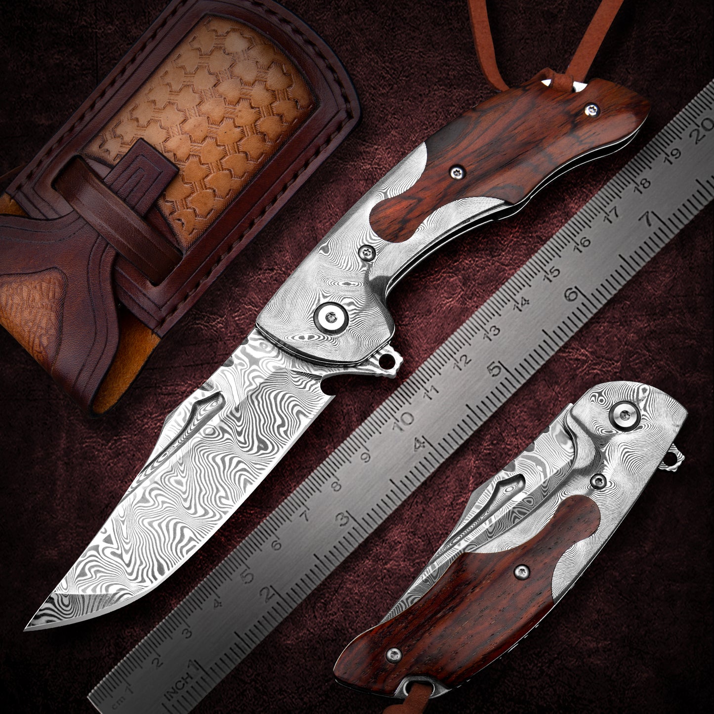 SPIRIT DEED 3.4 in Japanese Handmade Folding Pocket Knife,110 Layers Damascus Steel,Rosewood Handle,Liner Lock,Leather Sheath