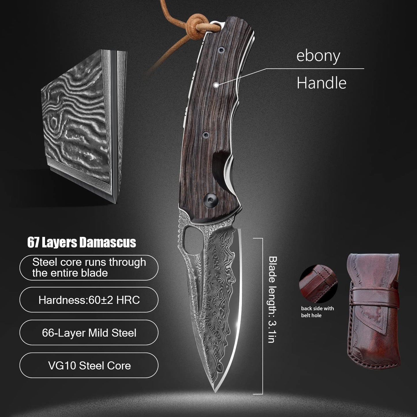SPIRIT DEED 3in Handmade VG 10 Damascus Steel Knife Pocket Knife,  Ebony Handle, with Liner Lock,Leather Case