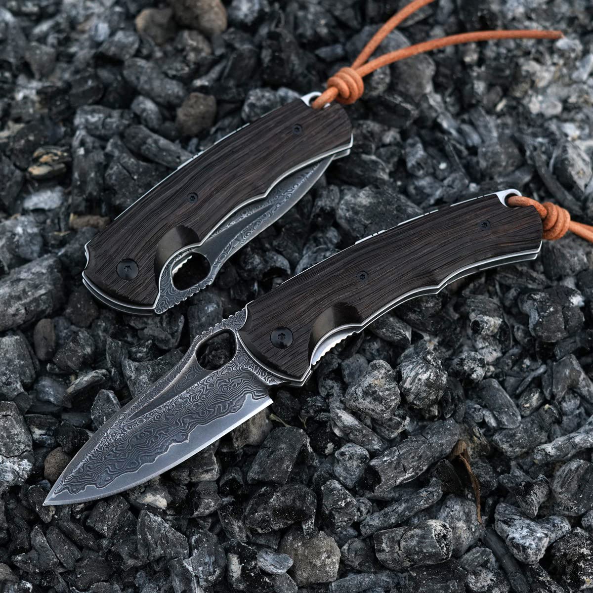 SPIRIT DEED 3in Handmade VG 10 Damascus Steel Knife Pocket Knife,  Ebony Handle, with Liner Lock,Leather Case