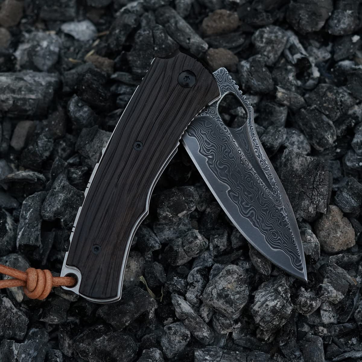 SPIRIT DEED 3in Handmade VG 10 Damascus Steel Knife Pocket Knife,  Ebony Handle, with Liner Lock,Leather Case