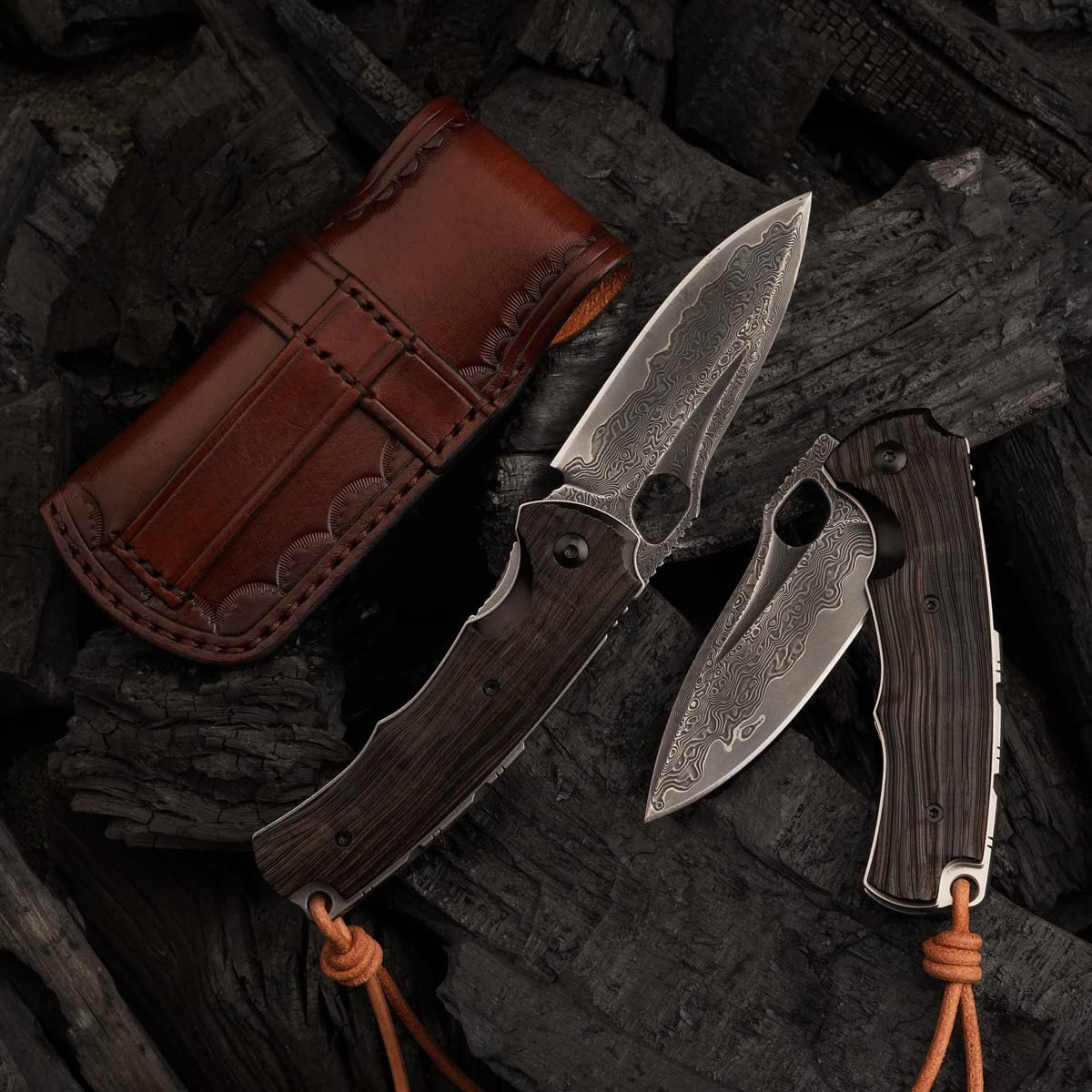 SPIRIT DEED 3in Handmade VG 10 Damascus Steel Knife Pocket Knife,  Ebony Handle, with Liner Lock,Leather Case