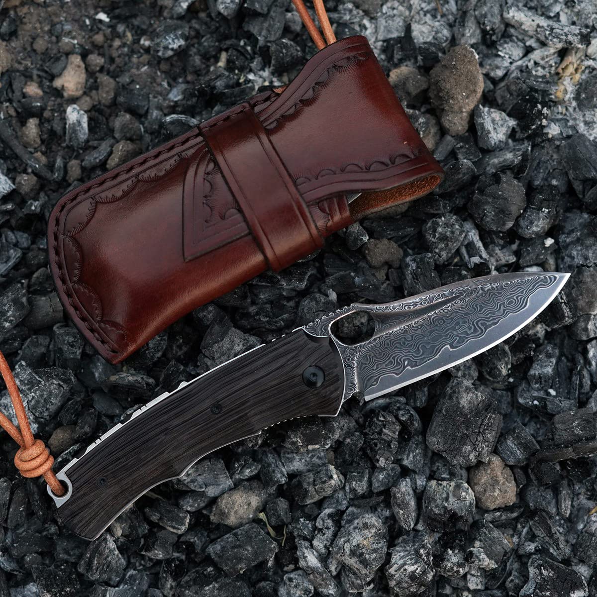 SPIRIT DEED 3in Handmade VG 10 Damascus Steel Knife Pocket Knife,  Ebony Handle, with Liner Lock,Leather Case