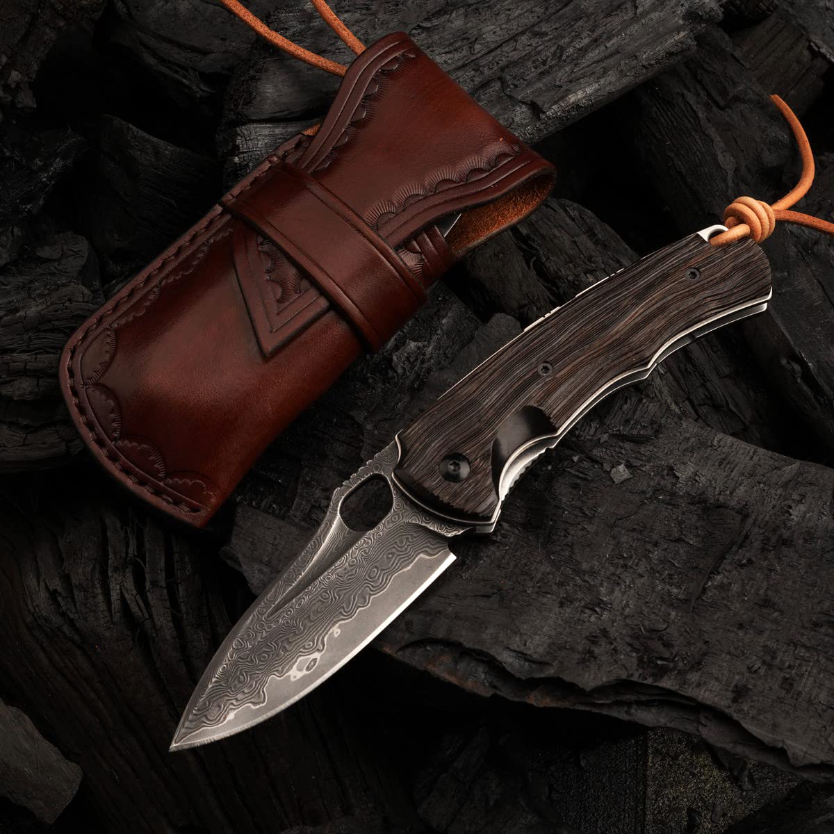 SPIRIT DEED 3in Handmade VG 10 Damascus Steel Knife Pocket Knife,  Ebony Handle, with Liner Lock,Leather Case