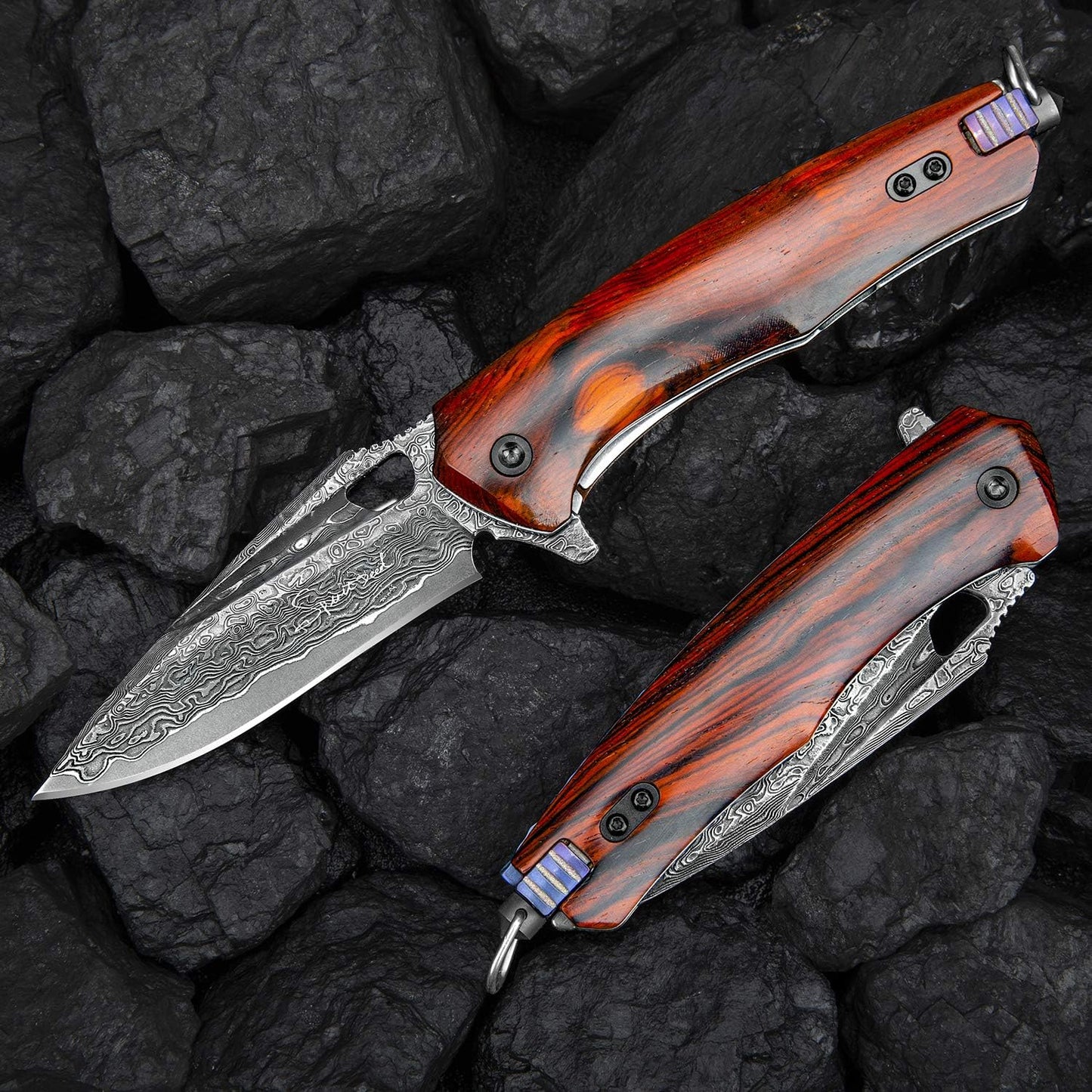 SPIRIT DEED 3 Inch Japanese Pocket Folding Knife,Vg10 Damascus Steel ,Rosewood Handle,Leather Sheath