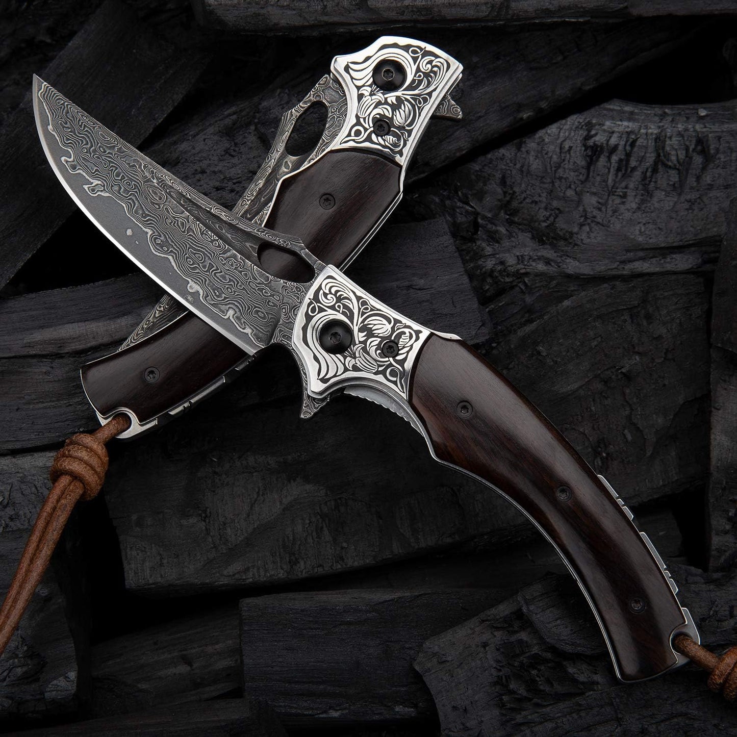 SPIRIT DEED 3.5in Handmade Japanese Folding Pocket Knife,Vg10 Damascus Steel Blade, Ebony Wood Handle,Liner Lock