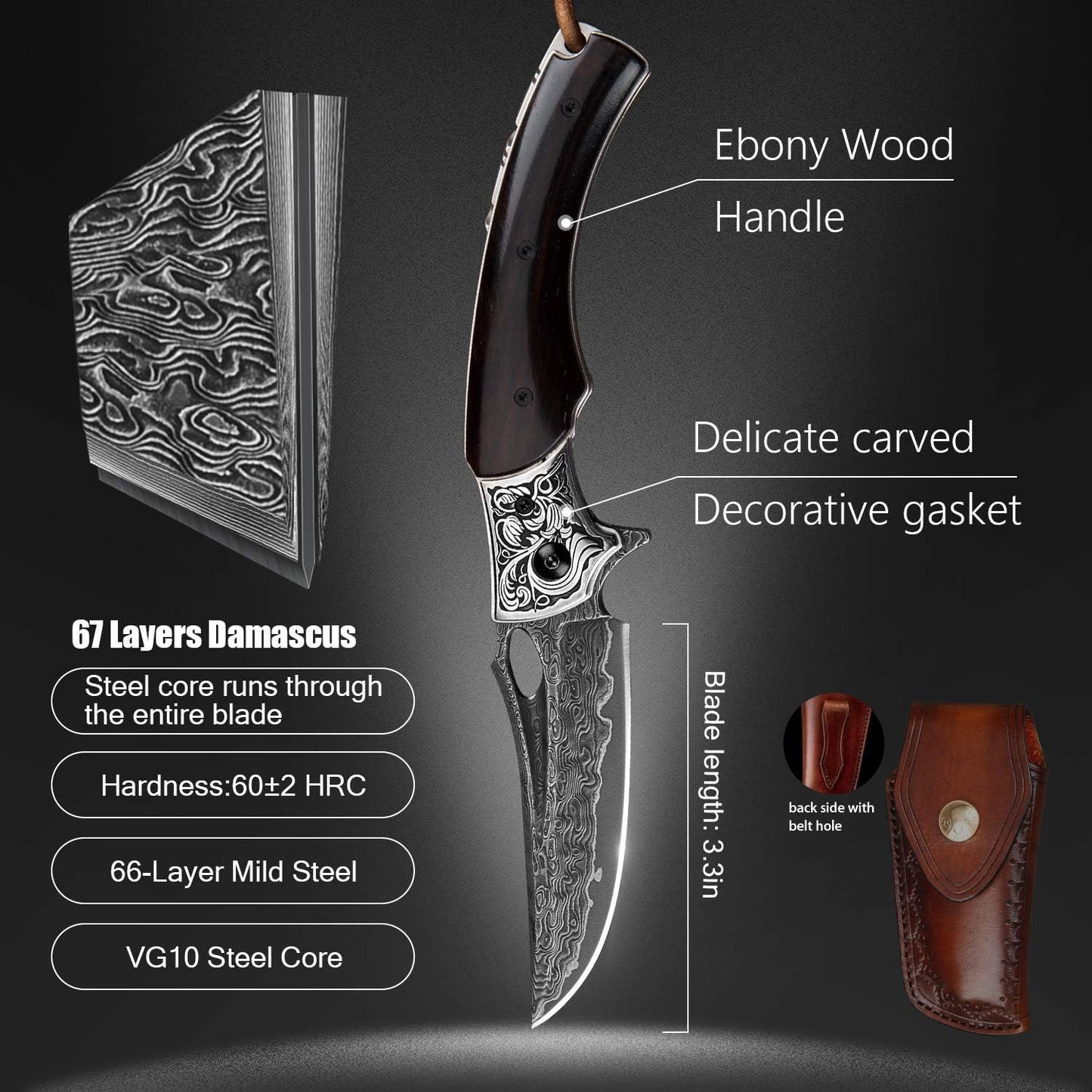 SPIRIT DEED 3.5in Handmade Japanese Folding Pocket Knife,Vg10 Damascus Steel Blade, Ebony Wood Handle,Liner Lock