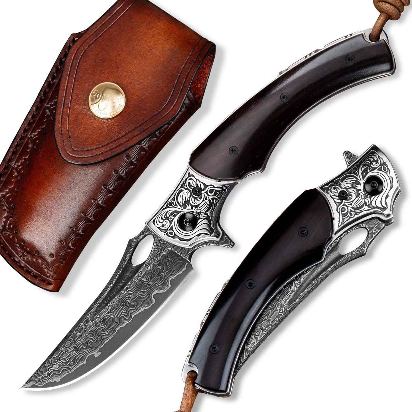 SPIRIT DEED 3.5in Handmade Japanese Folding Pocket Knife,Vg10 Damascus Steel Blade, Ebony Wood Handle,Liner Lock