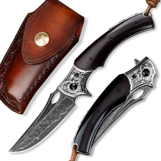 SPIRIT DEED 3.5in Handmade Japanese Folding Pocket Knife,Vg10 Damascus Steel Blade, Ebony Wood Handle,Liner Lock