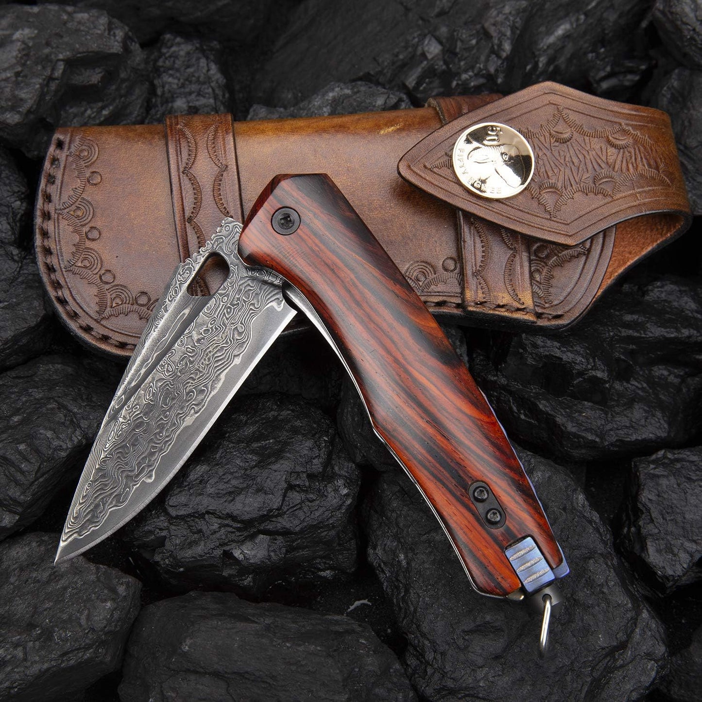 SPIRIT DEED 3 Inch Japanese Pocket Folding Knife,Vg10 Damascus Steel ,Rosewood Handle,Leather Sheath