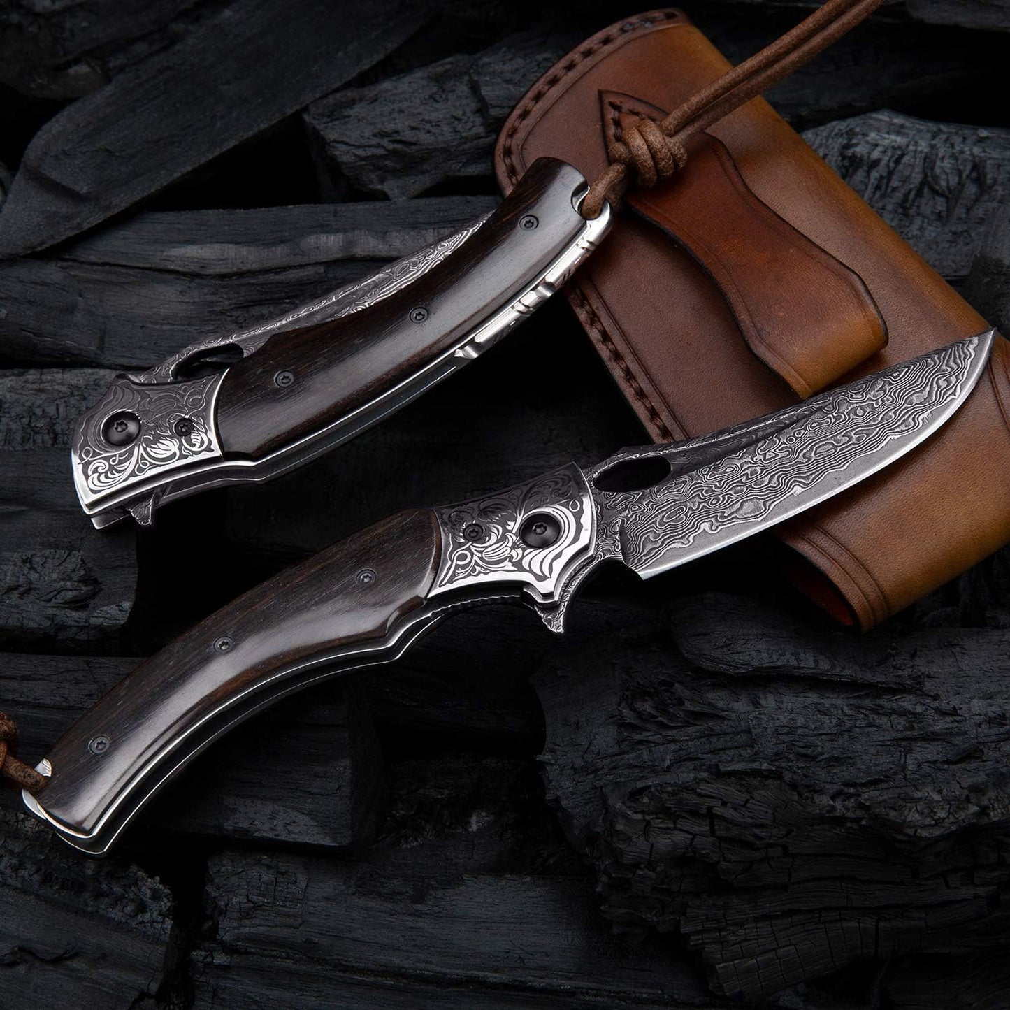 SPIRIT DEED 3.5in Handmade Japanese Folding Pocket Knife,Vg10 Damascus Steel Blade, Ebony Wood Handle,Liner Lock