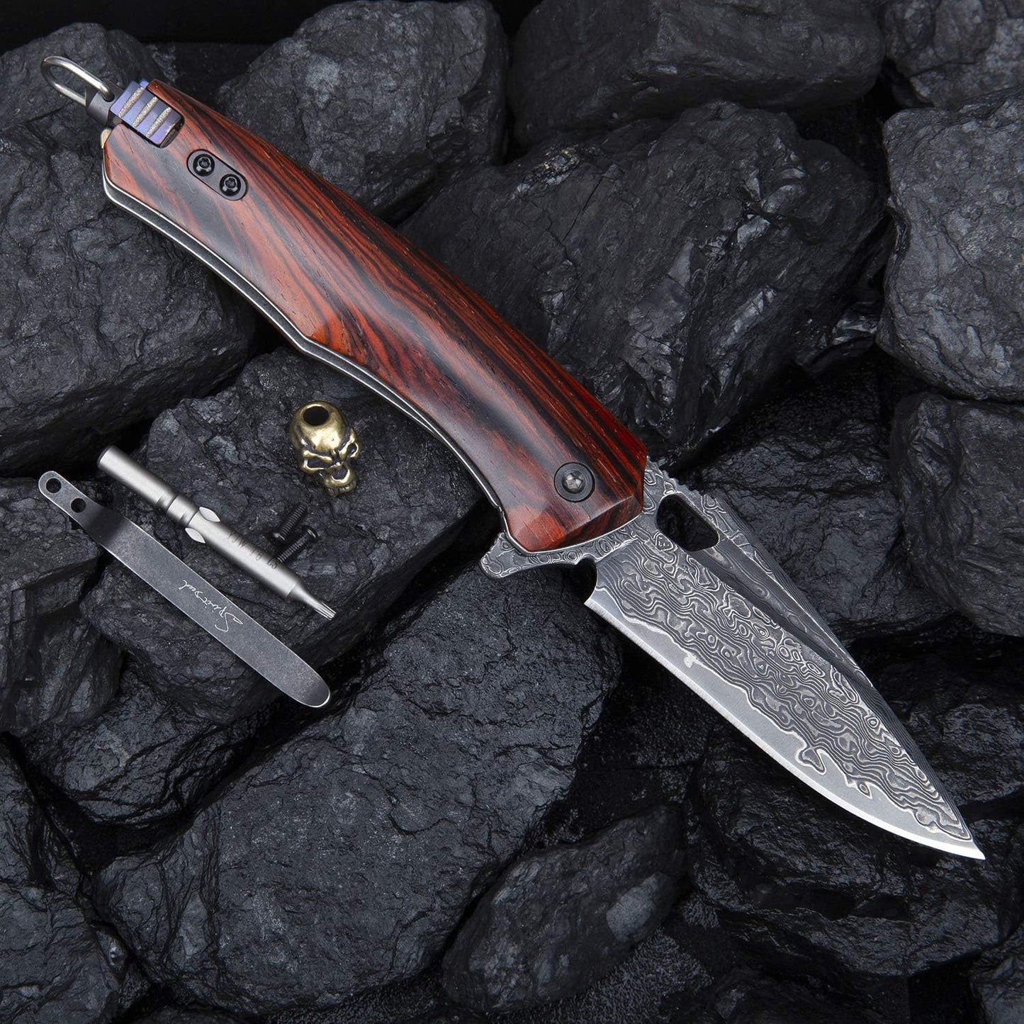 SPIRIT DEED 3 Inch Japanese Pocket Folding Knife,Vg10 Damascus Steel ,Rosewood Handle,Leather Sheath