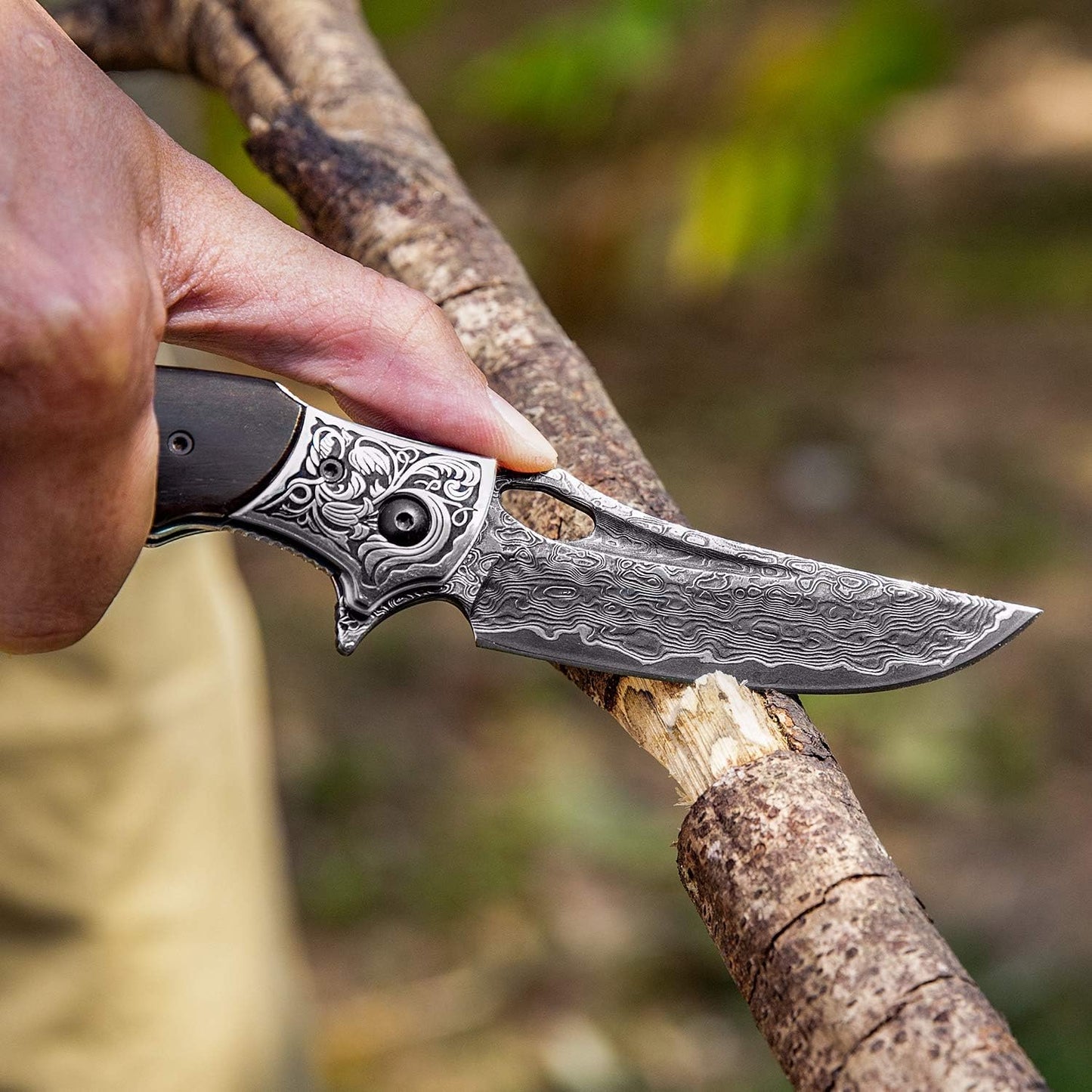 SPIRIT DEED 3.5in Handmade Japanese Folding Pocket Knife,Vg10 Damascus Steel Blade, Ebony Wood Handle,Liner Lock