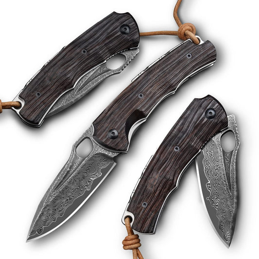 SPIRIT DEED 3in Handmade VG 10 Damascus Steel Knife Pocket Knife,  Ebony Handle, with Liner Lock,Leather Case