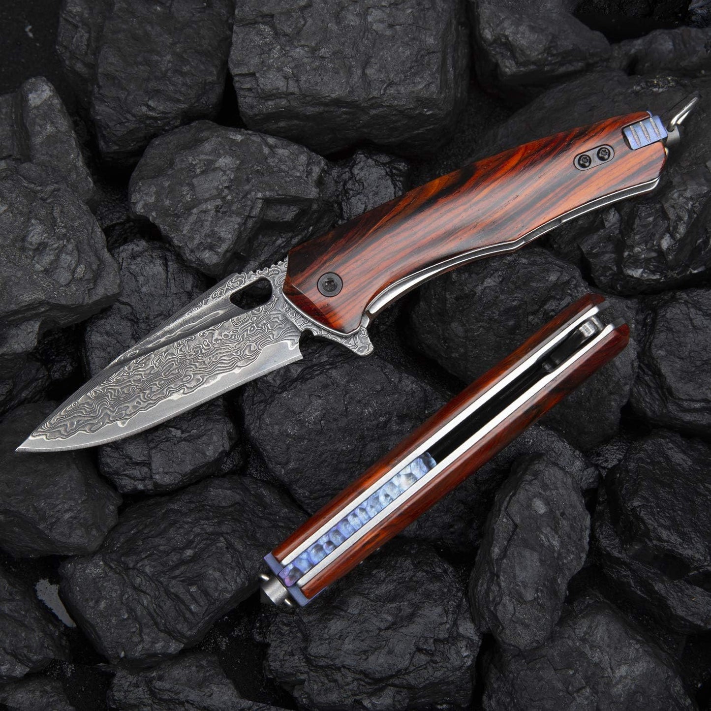 SPIRIT DEED 3 Inch Japanese Pocket Folding Knife,Vg10 Damascus Steel ,Rosewood Handle,Leather Sheath