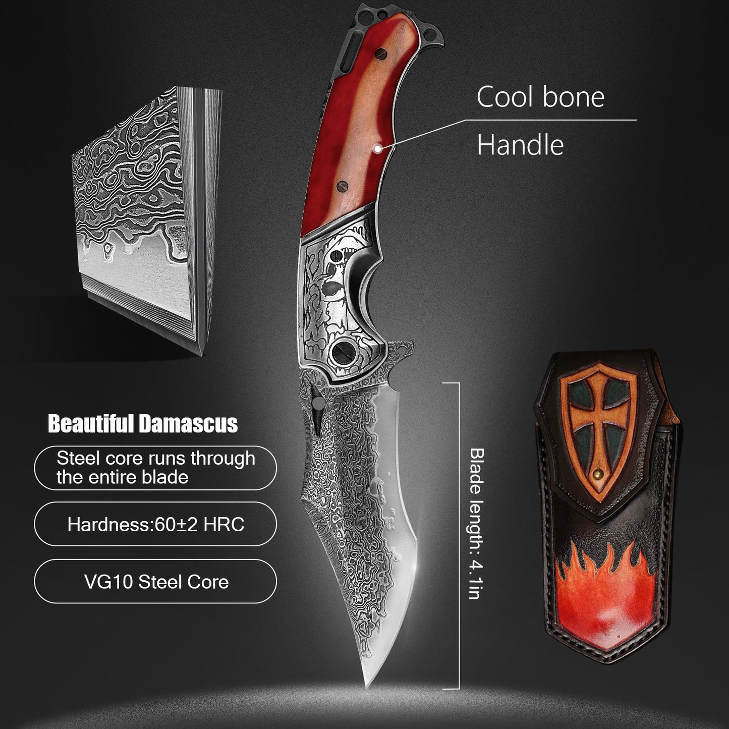 SPIRIT DEED 4.13 Inch Japanese Pocket Folding Knives,67 Layers Forged Pattern Damascus Steel ,Dyed Bone handle