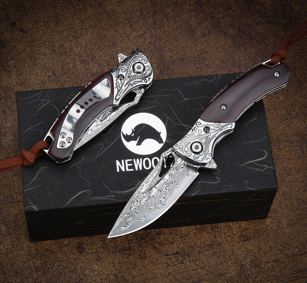 SPIRIT DEED 2.9 Inch Japanese Handmade Folding Knife with Pocket Clip,Vg10 Damascus Steel ,Leather Sheath,Rosewood Handle