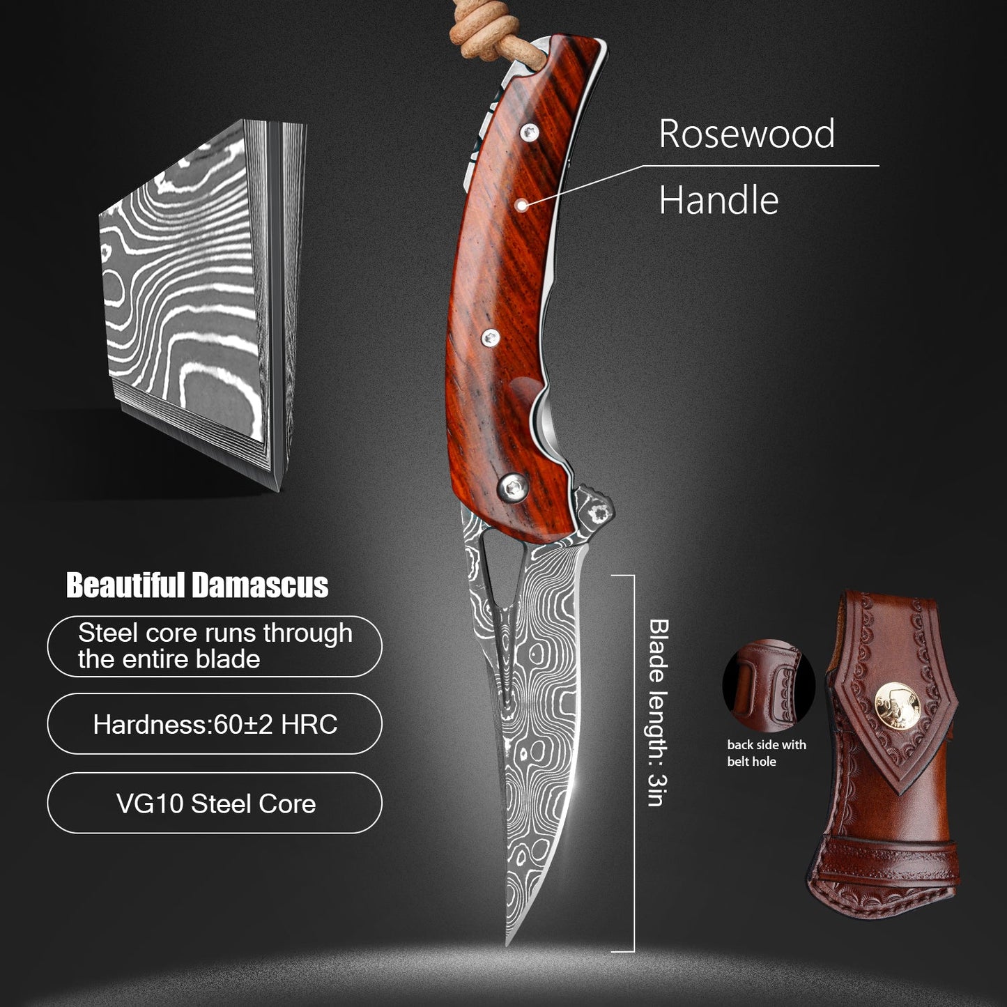 SPIRIT DEED 2.95in Japanese Handmade Folding Knives, VG10 Damascus Steel,Rosewood Handle