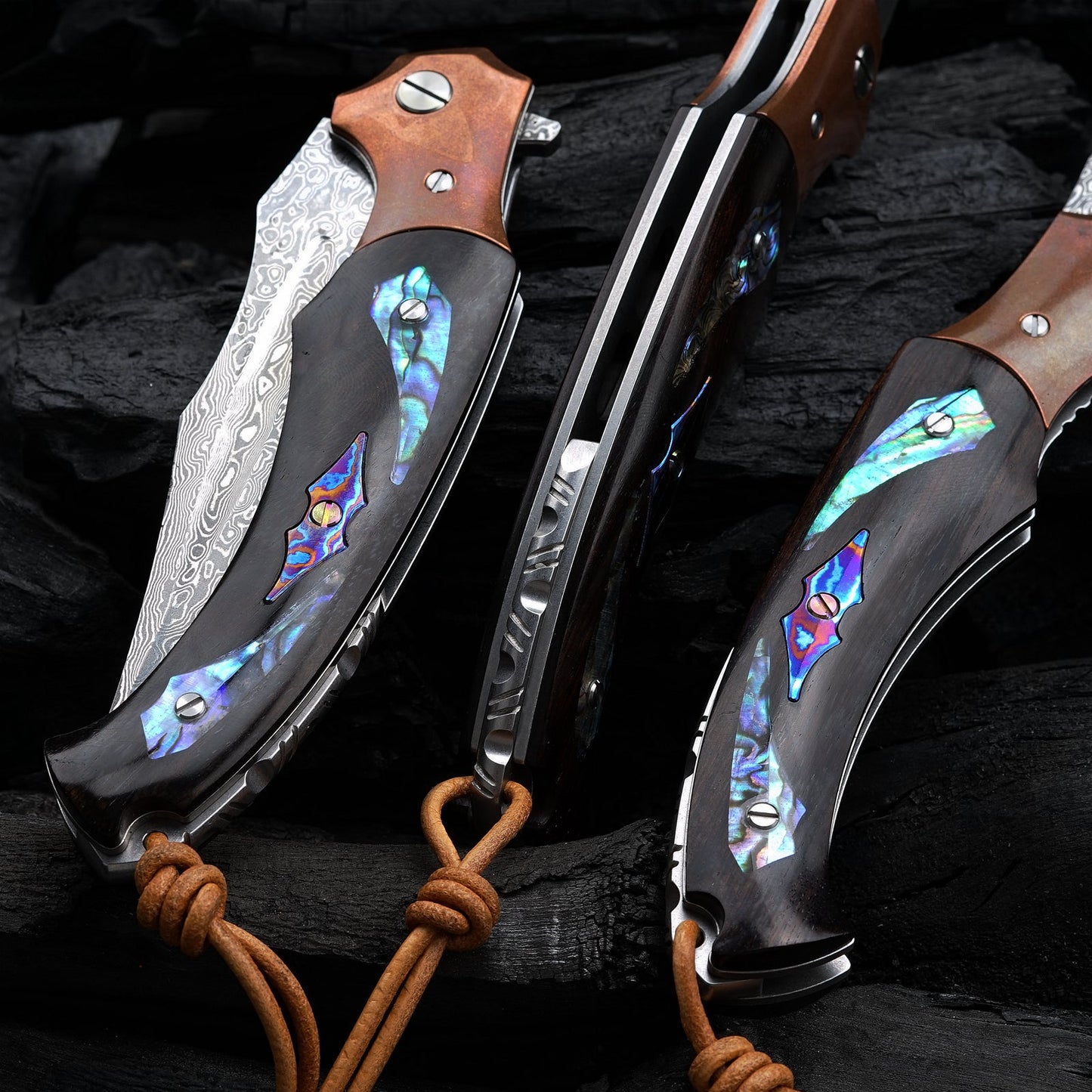 SPIRIT DEED 4.3 Inch Japanese Folding Knife, Damascus Powder Steel, Ebony Handle, Lined Lock