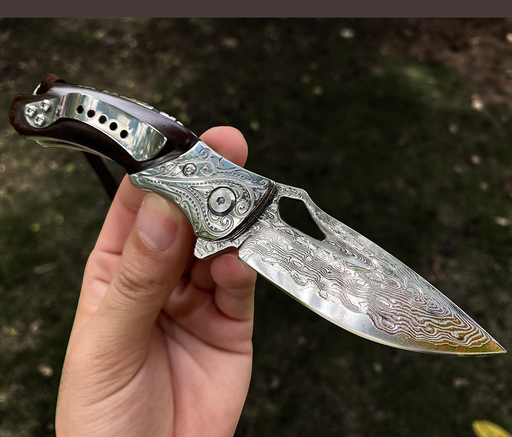 SPIRIT DEED 2.9 Inch Japanese Handmade Folding Knife with Pocket Clip,Vg10 Damascus Steel ,Leather Sheath,Rosewood Handle
