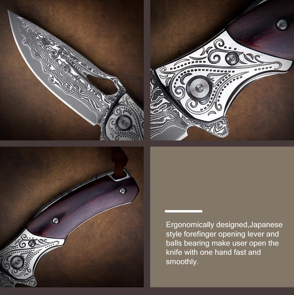 SPIRIT DEED 2.9 Inch Outdoor Japanese Folding Pocket Knives,Vg10 Damascus Steel,Rosewood Handle,Pocket Clip