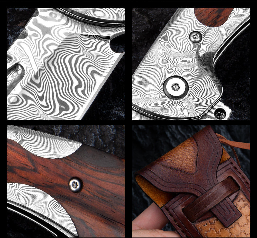 SPIRIT DEED 3.4 in Japanese Handmade Folding Pocket Knife,110 Layers Damascus Steel,Rosewood Handle,Liner Lock,Leather Sheath