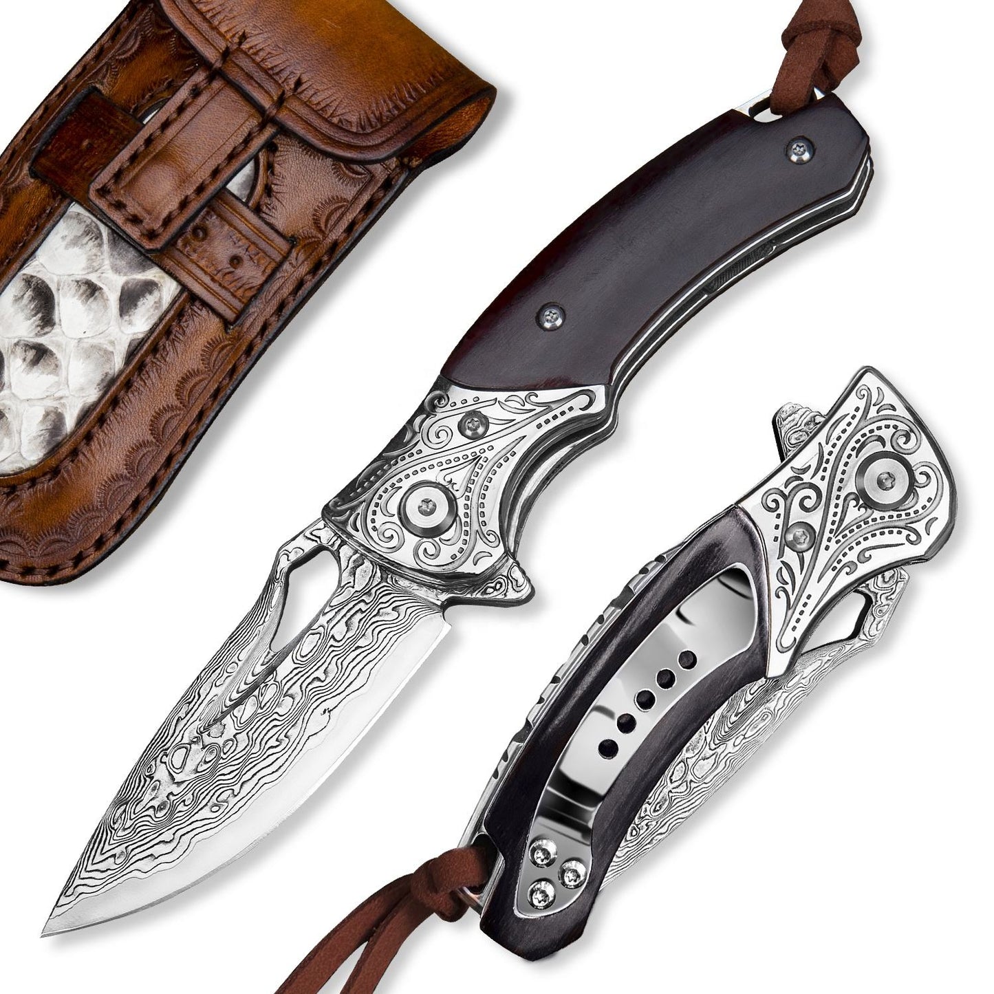 SPIRIT DEED 2.9 Inch Japanese Handmade Folding Knife with Pocket Clip,Vg10 Damascus Steel ,Leather Sheath,Rosewood Handle