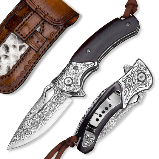 SPIRIT DEED 2.9 Inch Japanese Handmade Folding Knife with Pocket Clip,Vg10 Damascus Steel ,Leather Sheath,Rosewood Handle