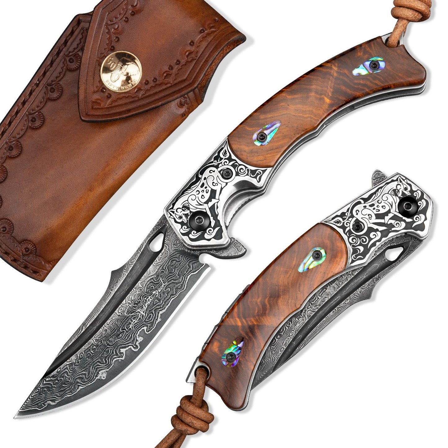 SPIRIT DEED 2.7 Inch Handmade Japanese VG10 Damascus Steel Folding Knife,Rosewood Liner Lock