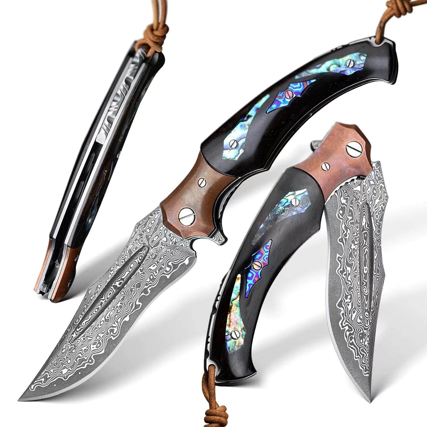 SPIRIT DEED 4.3 Inch Japanese Folding Knife, Damascus Powder Steel, Ebony Handle, Lined Lock