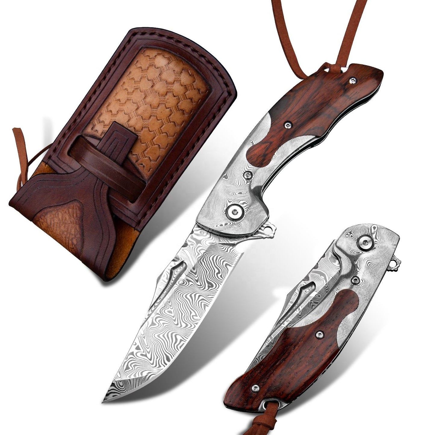 SPIRIT DEED 3.4 in Japanese Handmade Folding Pocket Knife,110 Layers Damascus Steel,Rosewood Handle,Liner Lock,Leather Sheath