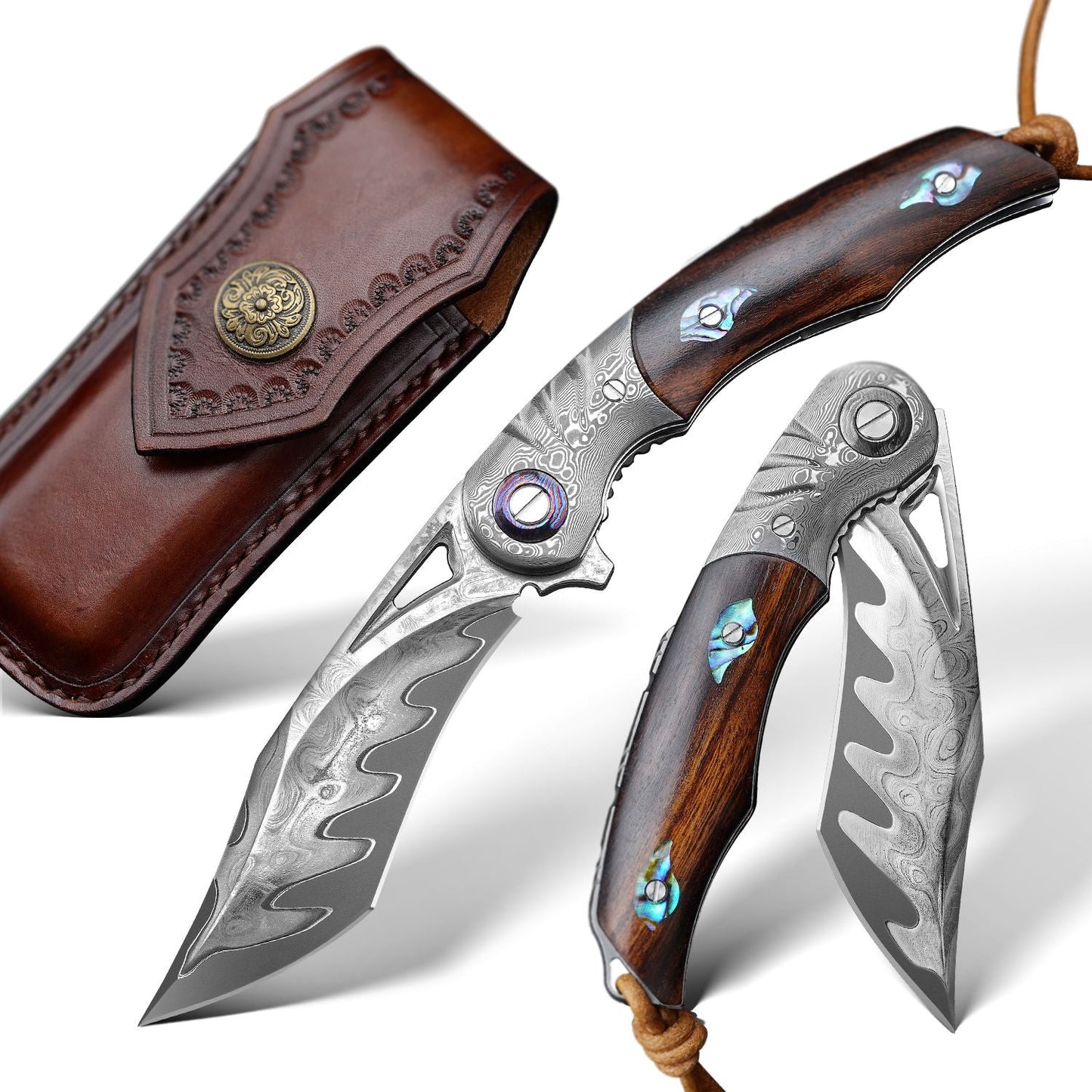 SPIRIT DEED 3.7 Inch Outdoor Survival EDC Folding Knife, Composite Triplet Steel, Desert Iron Wood Handle