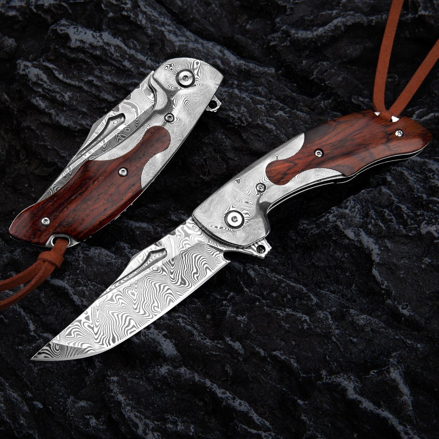 SPIRIT DEED 3.4 in Japanese Handmade Folding Pocket Knife,110 Layers Damascus Steel,Rosewood Handle,Liner Lock,Leather Sheath