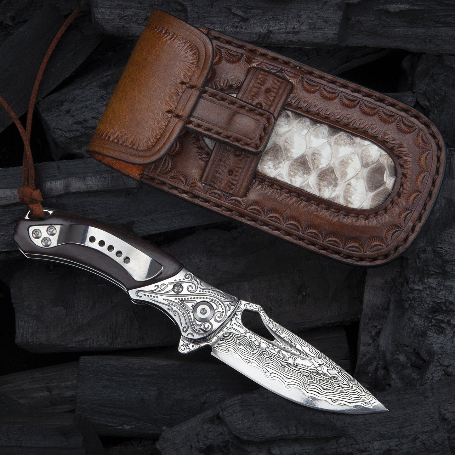 SPIRIT DEED 2.9 Inch Japanese Handmade Folding Knife with Pocket Clip,Vg10 Damascus Steel ,Leather Sheath,Rosewood Handle
