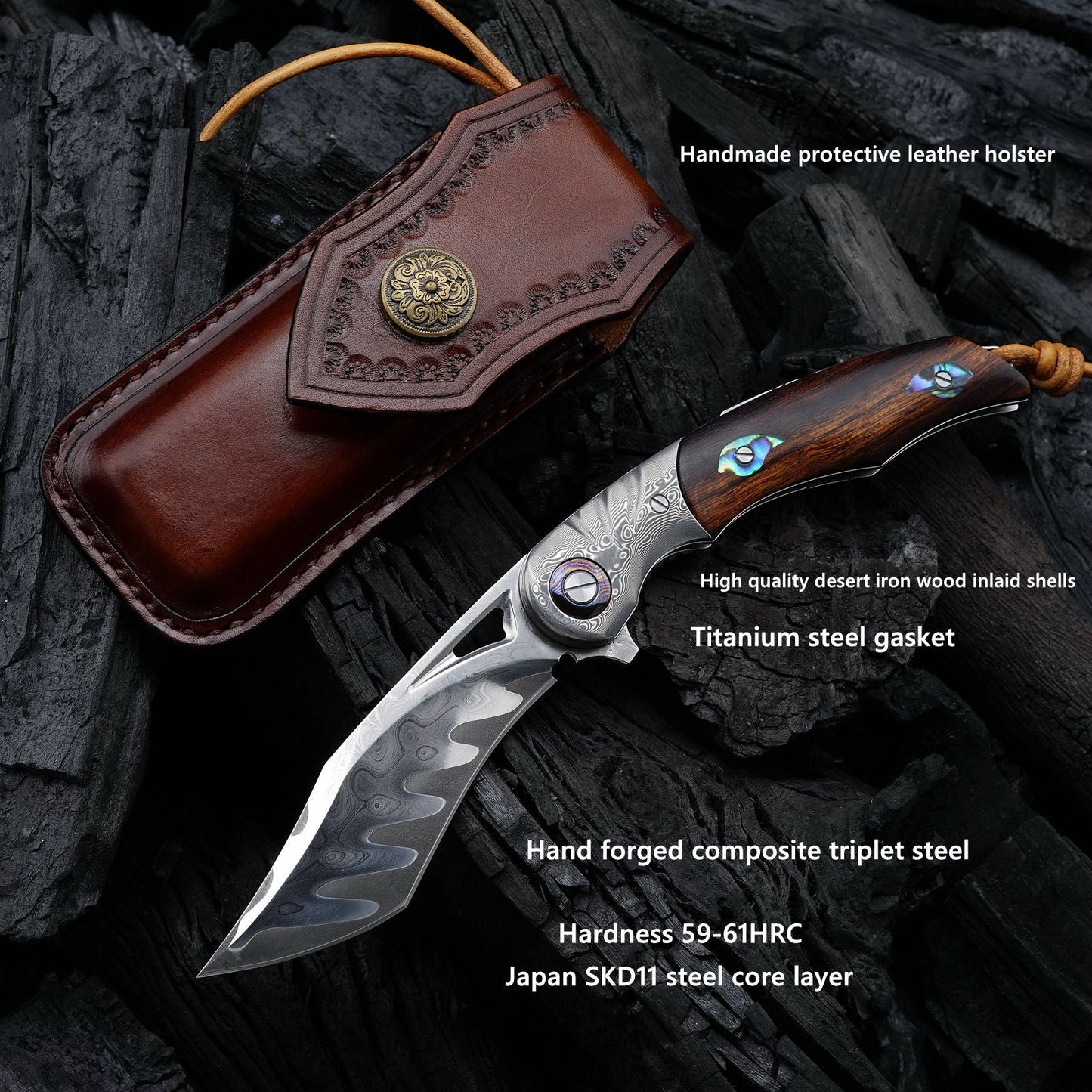 SPIRIT DEED 3.7 Inch Outdoor Survival EDC Folding Knife, Composite Triplet Steel, Desert Iron Wood Handle