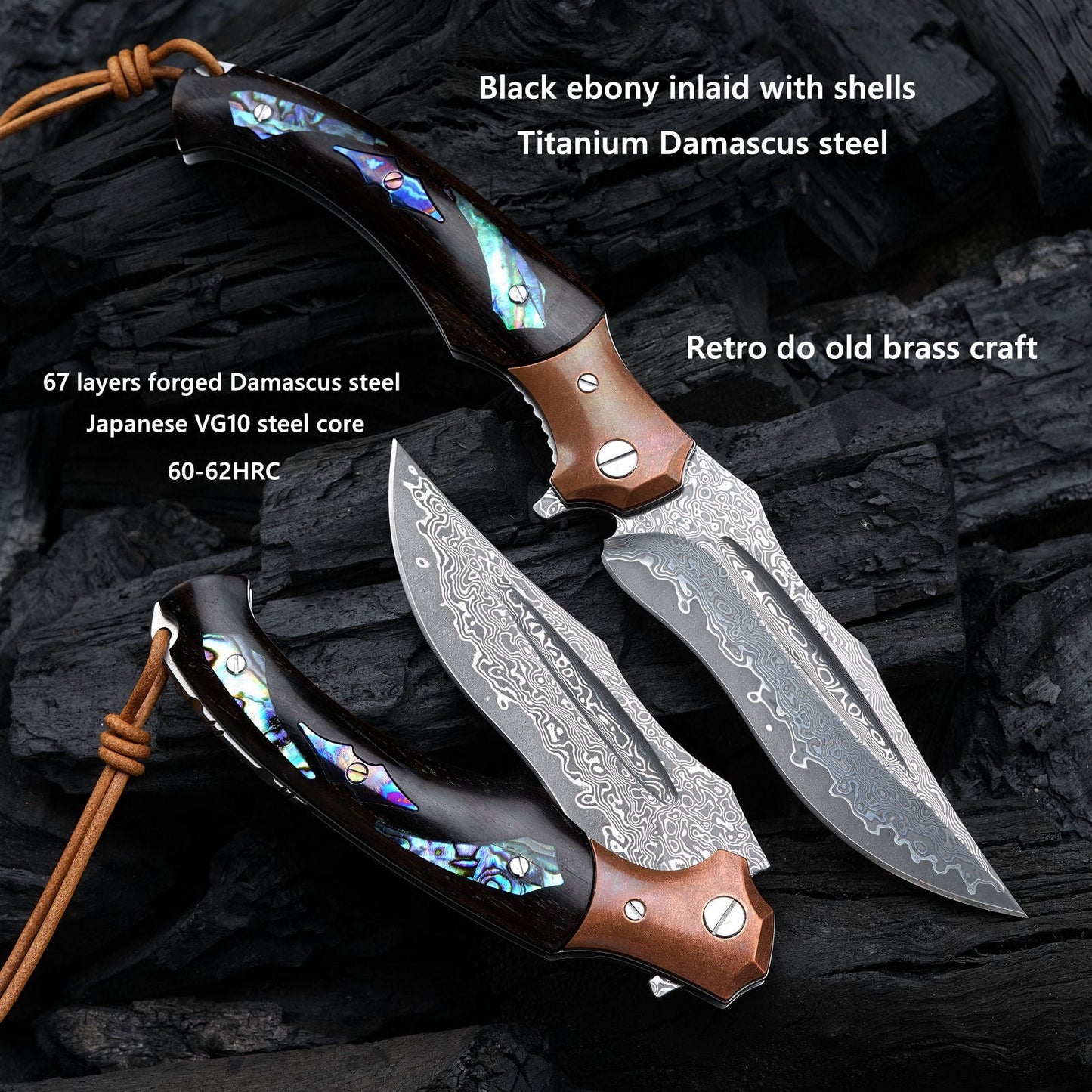 SPIRIT DEED 4.3 Inch Japanese Folding Knife, Damascus Powder Steel, Ebony Handle, Lined Lock
