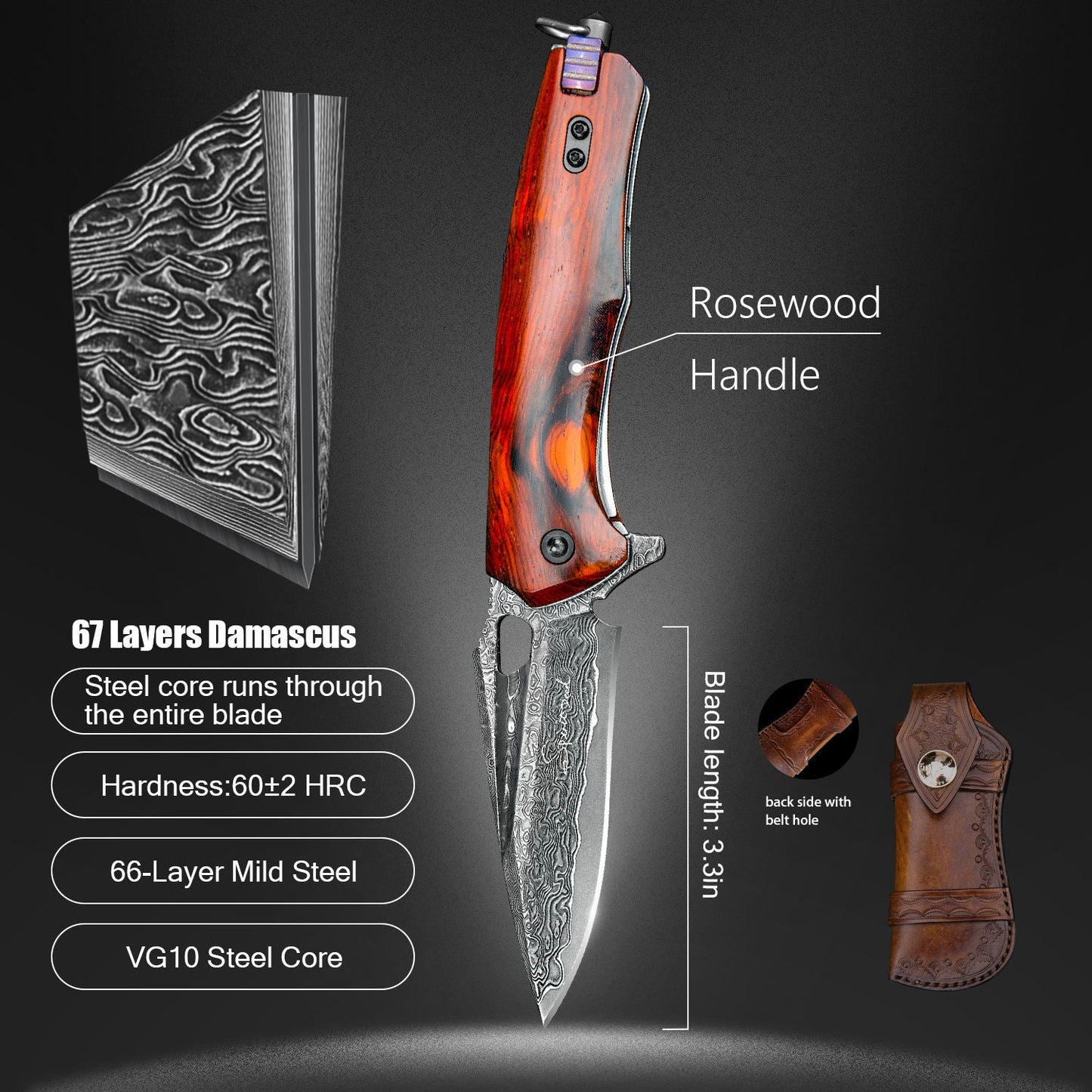 SPIRIT DEED 3 Inch Japanese Pocket Folding Knife,Vg10 Damascus Steel ,Rosewood Handle,Leather Sheath