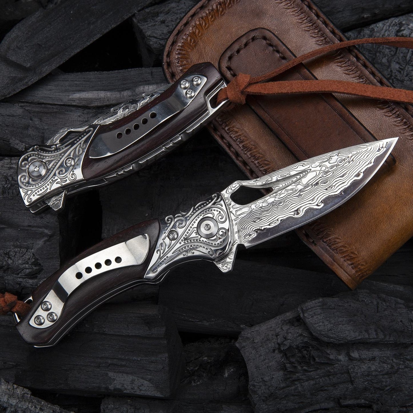 SPIRIT DEED 2.9 Inch Japanese Handmade Folding Knife with Pocket Clip,Vg10 Damascus Steel ,Leather Sheath,Rosewood Handle