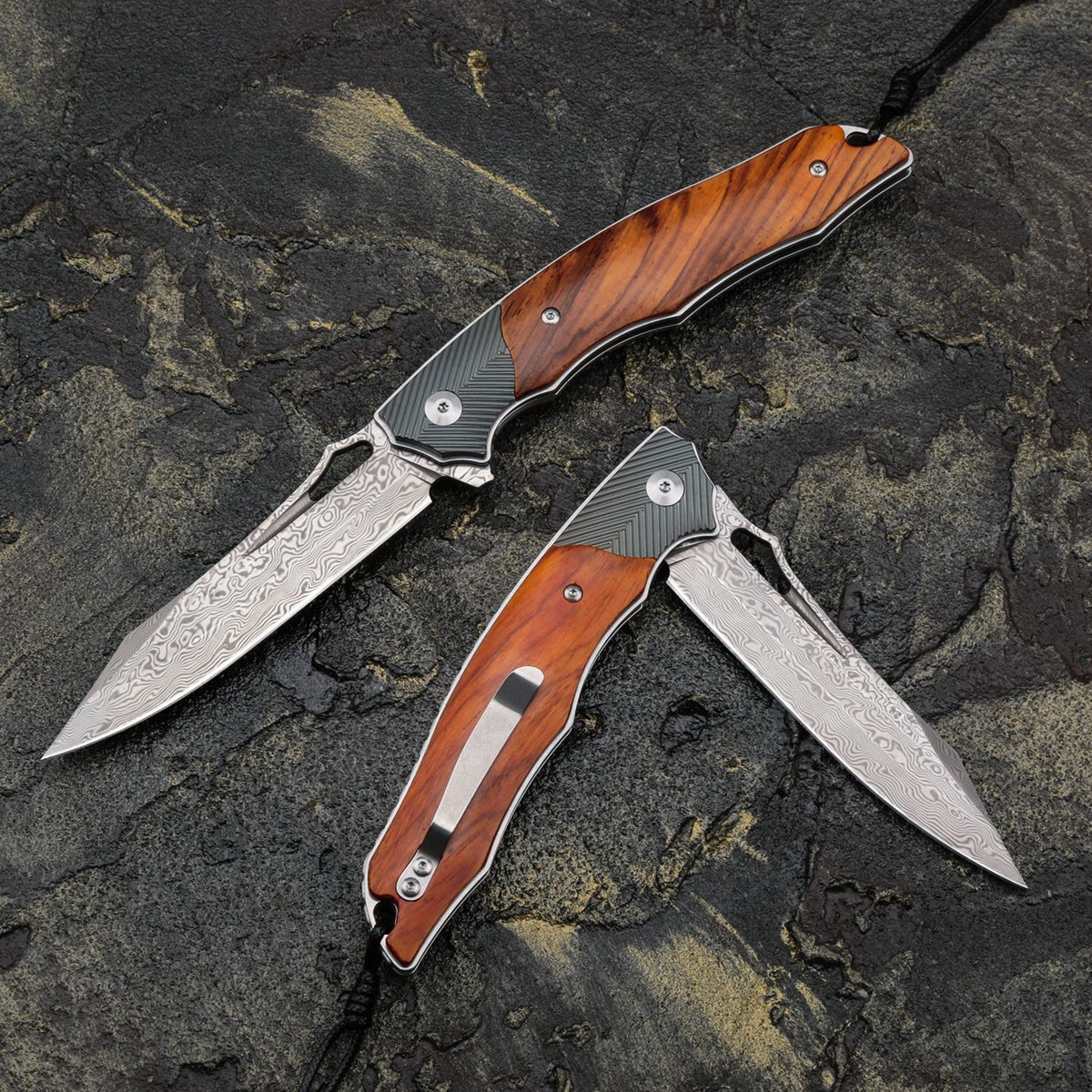 4in Handmade Folding Pocket Knife,Damascus Steel Blade,Titanium and Rosewood Handle,Liner Lock