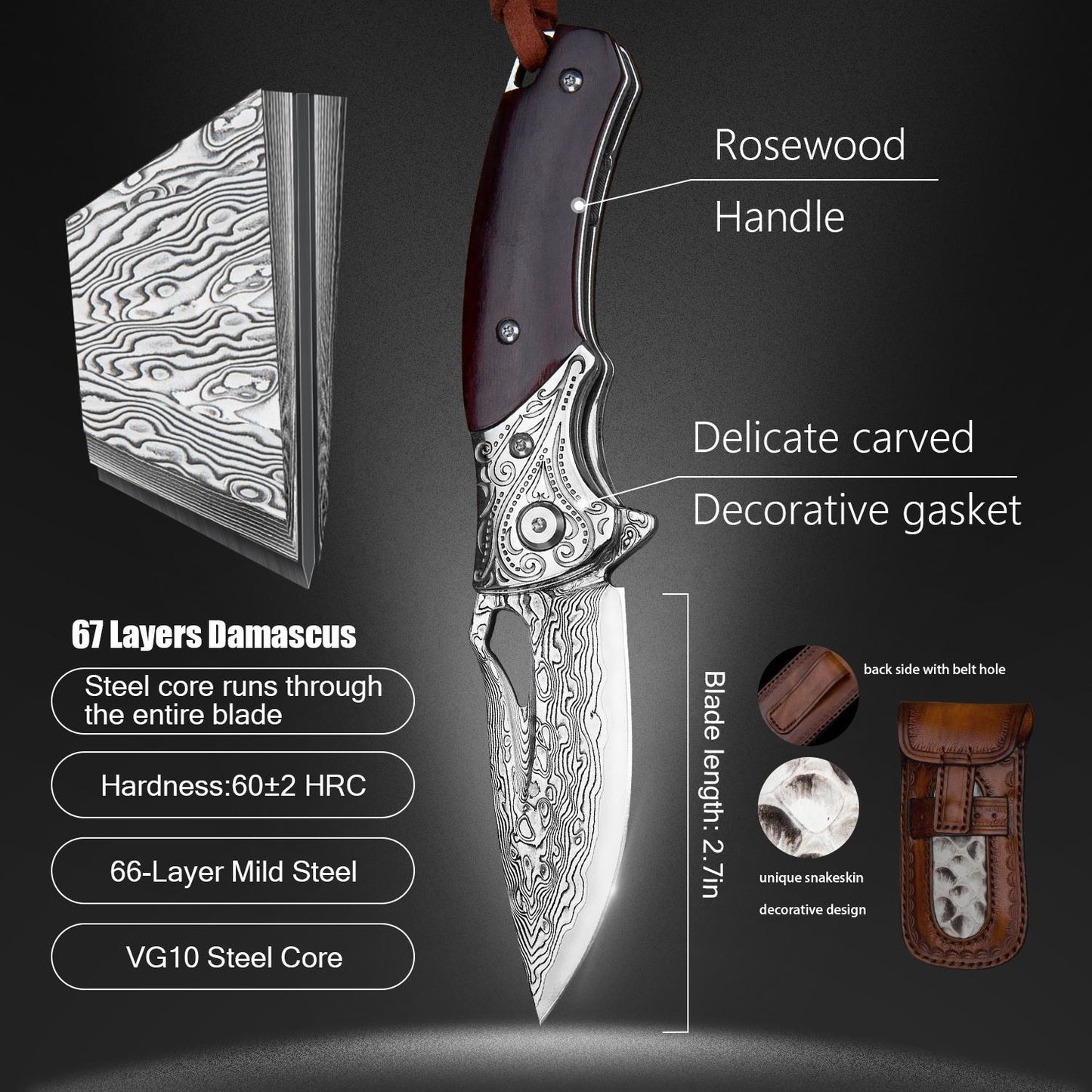 SPIRIT DEED 2.9 Inch Japanese Handmade Folding Knife with Pocket Clip,Vg10 Damascus Steel ,Leather Sheath,Rosewood Handle