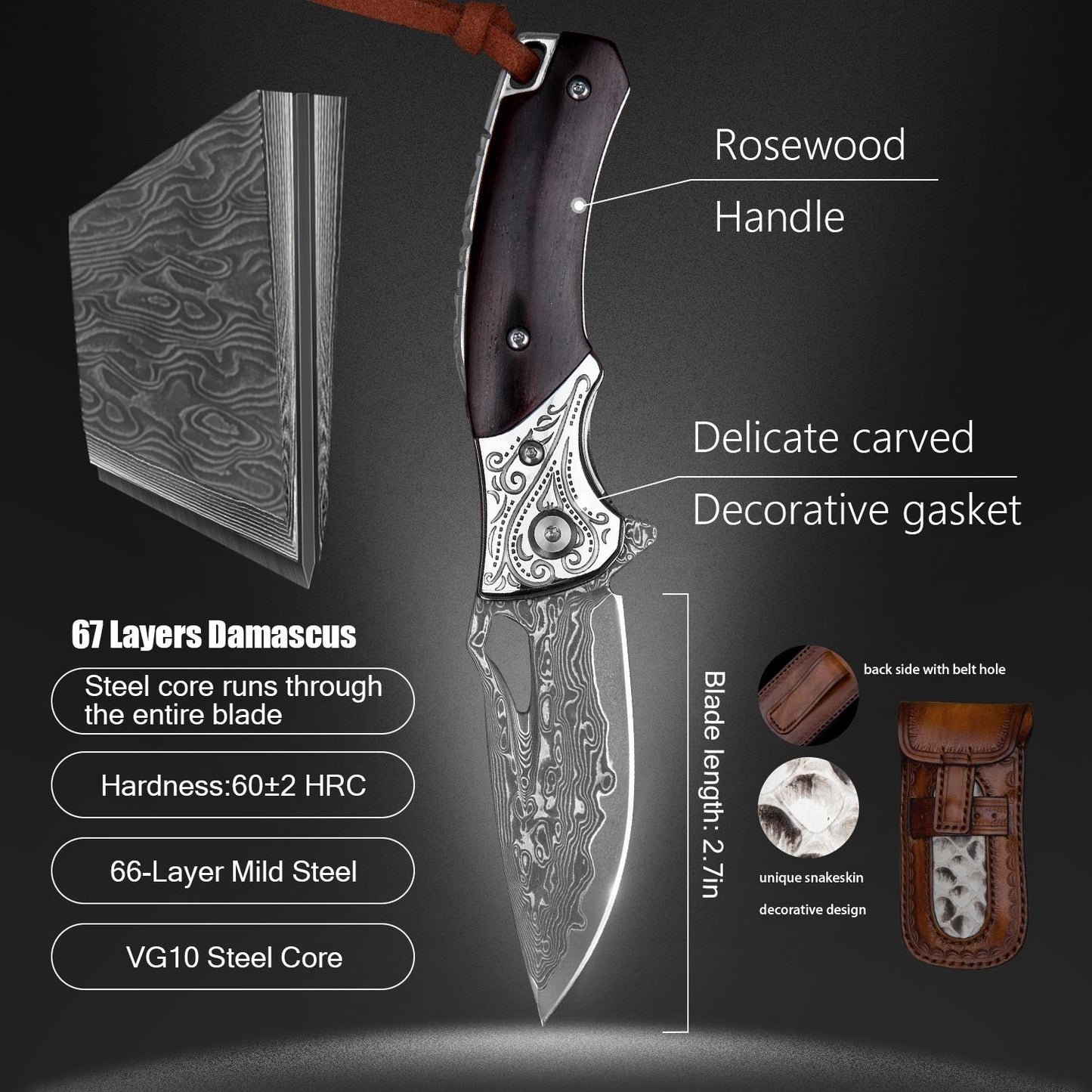 SPIRIT DEED 2.9 Inch Outdoor Japanese Folding Pocket Knives,Vg10 Damascus Steel,Rosewood Handle,Pocket Clip