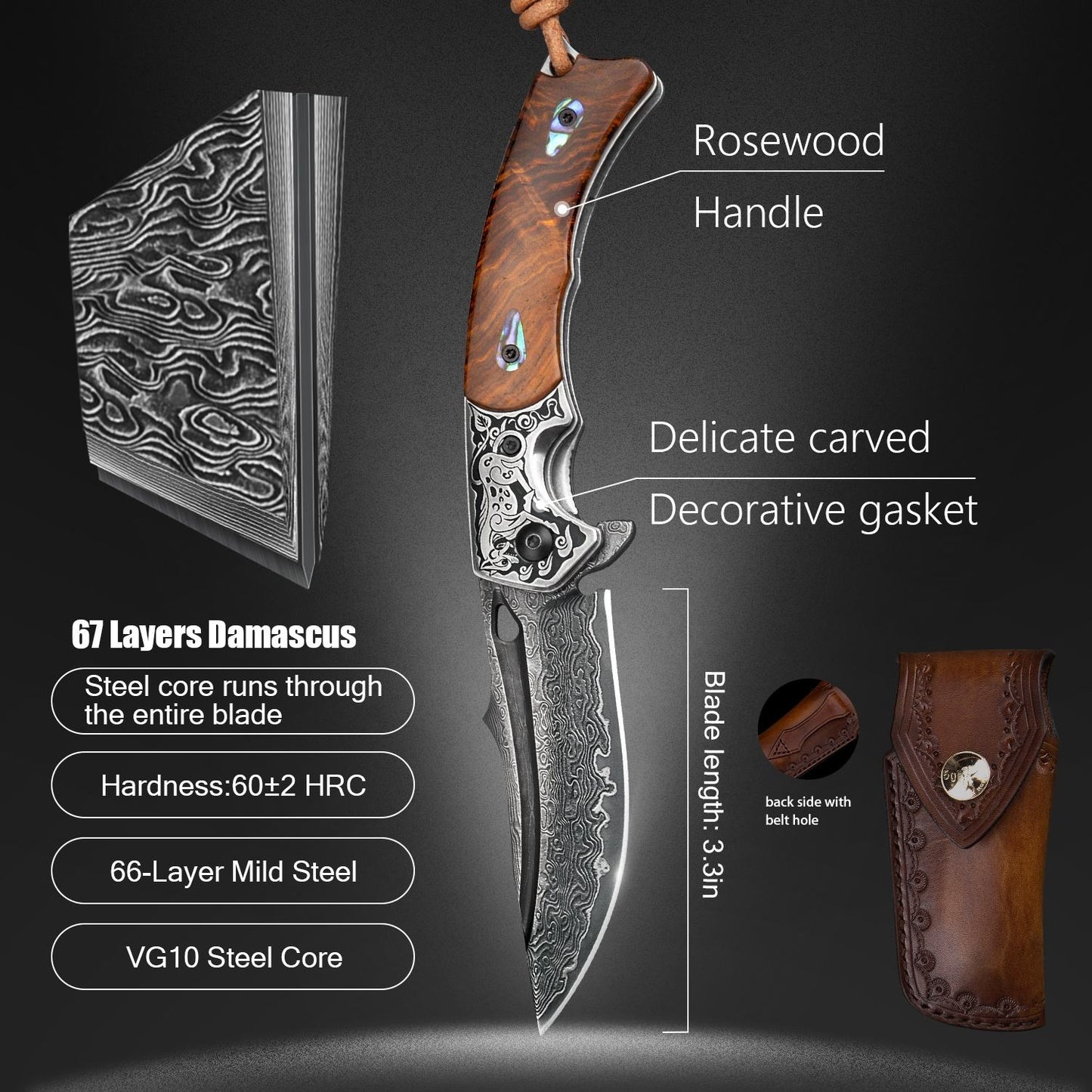SPIRIT DEED 2.7 Inch Handmade Japanese VG10 Damascus Steel Folding Knife,Rosewood Liner Lock